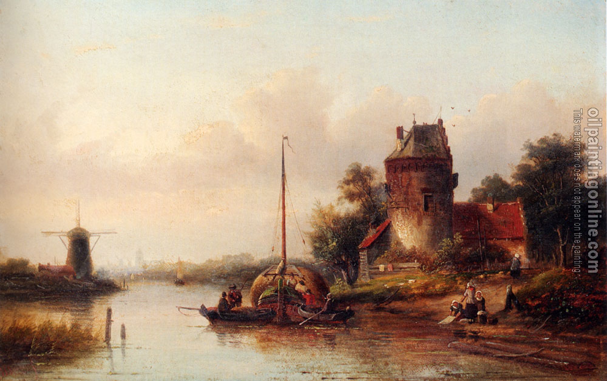 Jan Jacob Coenraad Spohler - A River Landscape In Summer With A Moored Haybarge By A Fortified Farmhouse